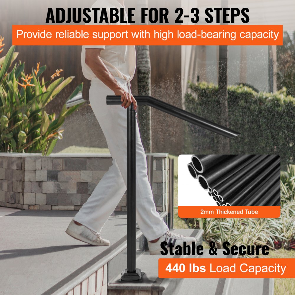 Black iron stair handrail, 3 feet long, mounted for 2-3 steps, sturdy and durable design.