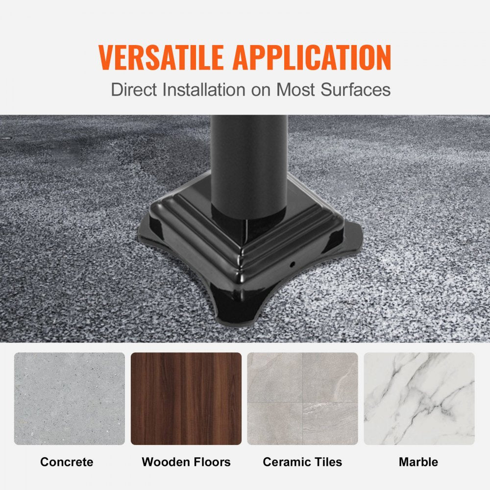 Black iron handrail for 2-3 steps, floor mounted with sturdy construction and pre-drilled holes.