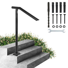 Black iron handrail for 2-3 steps, floor-mounted with sturdy construction and powder-coated finish.