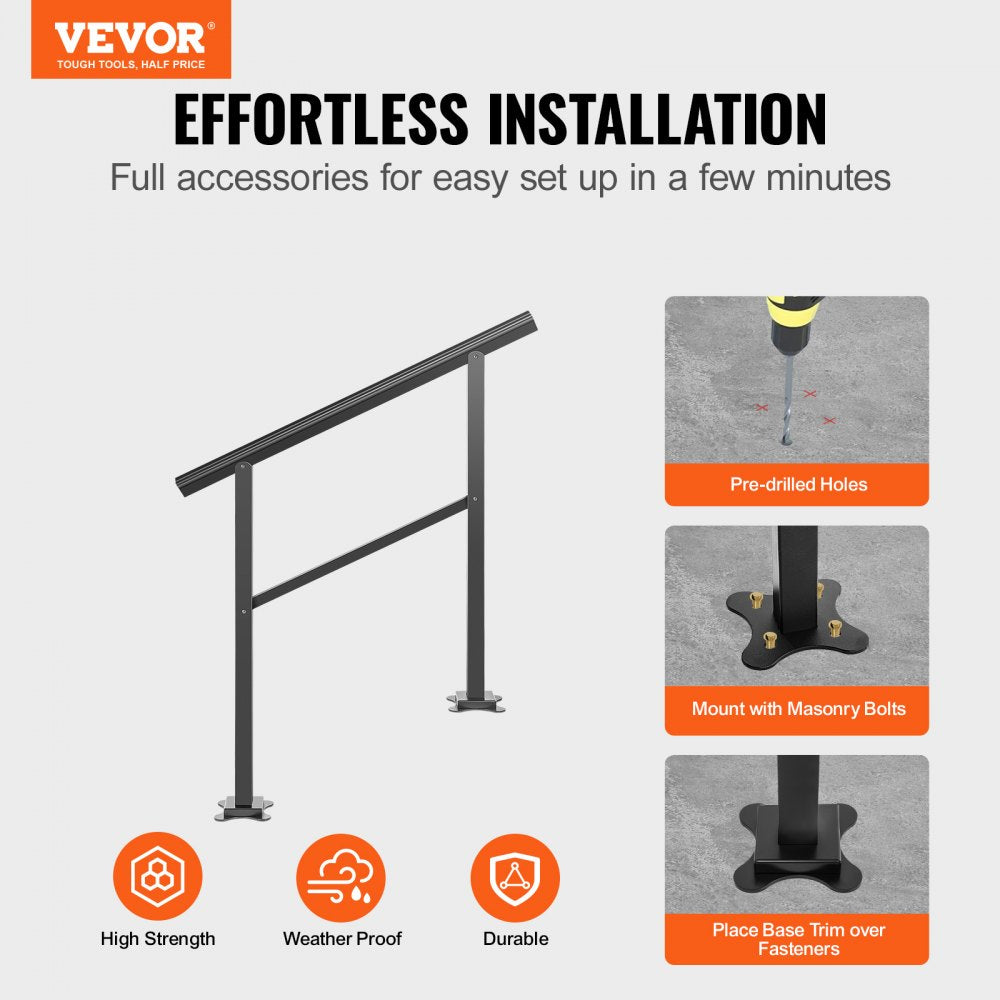 Aluminum outdoor stair handrail for 2-3 steps, adjustable angle, supports up to 165 lbs.