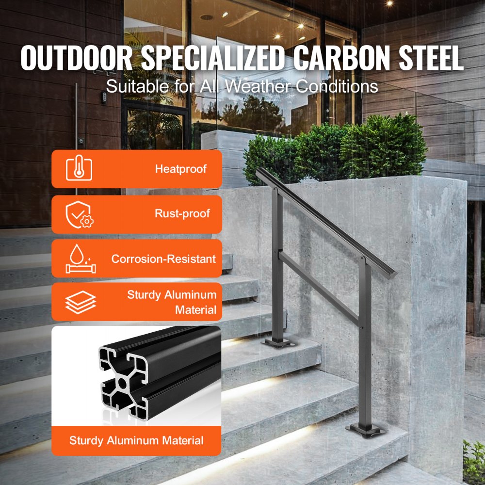 Aluminum outdoor stair handrail for 2-3 steps, adjustable with a 165 lbs load capacity.