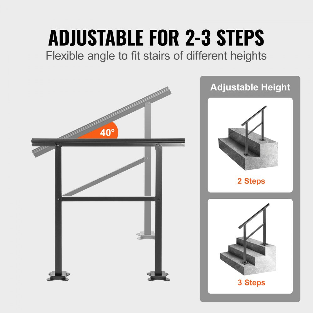 Aluminum outdoor stair handrail adjustable for 2-3 steps with a 165 lbs load capacity.