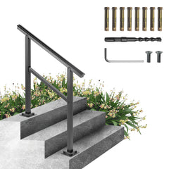 Aluminum outdoor stair handrail adjustable for 2-3 steps with a 165 lbs load capacity.