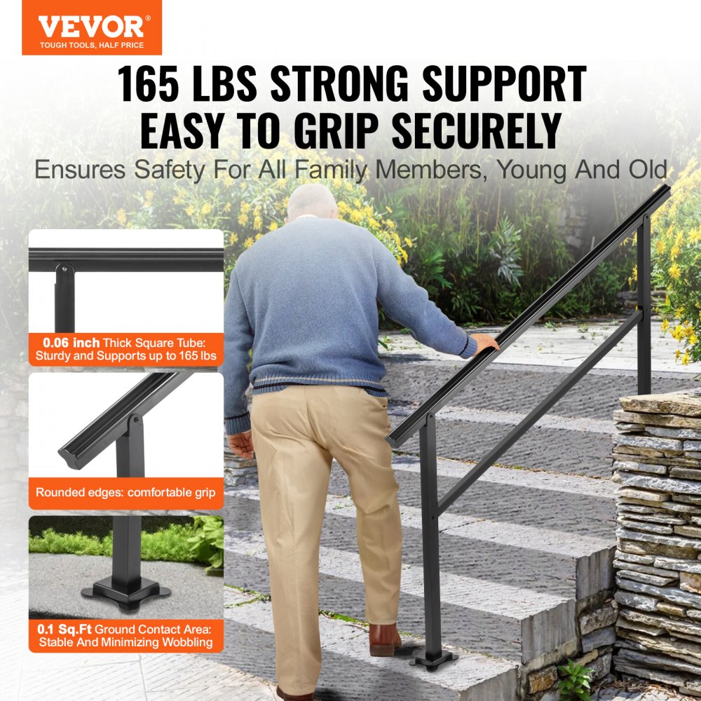 Aluminum outdoor stair handrail designed for 4-5 steps, supports up to 165 lbs, rust-proof.