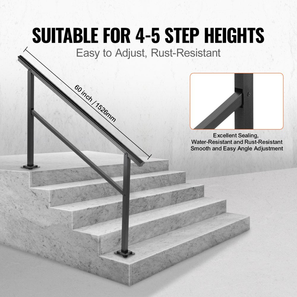 Aluminum outdoor stair handrail designed for 4-5 steps, supports up to 165 lbs.