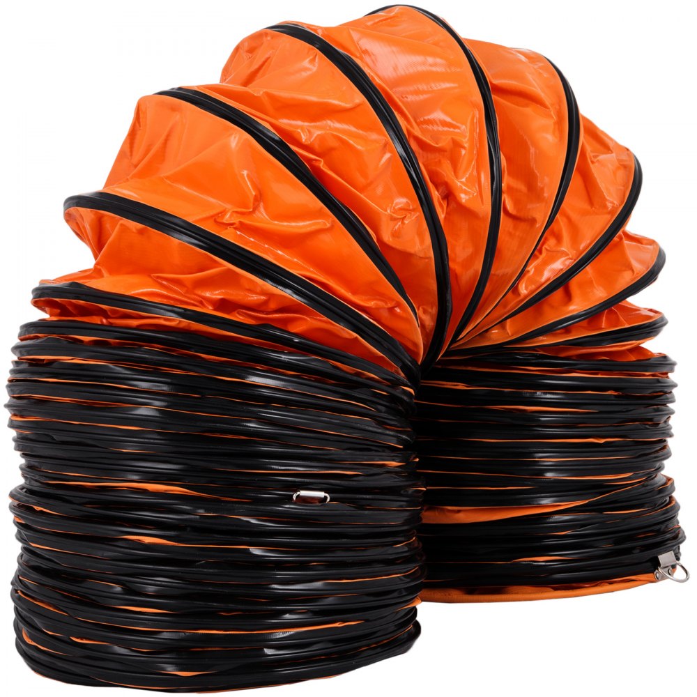 Orange 32ft PVC flexible ducting hose for 12in ventilation fan, coiled with black reinforcements.