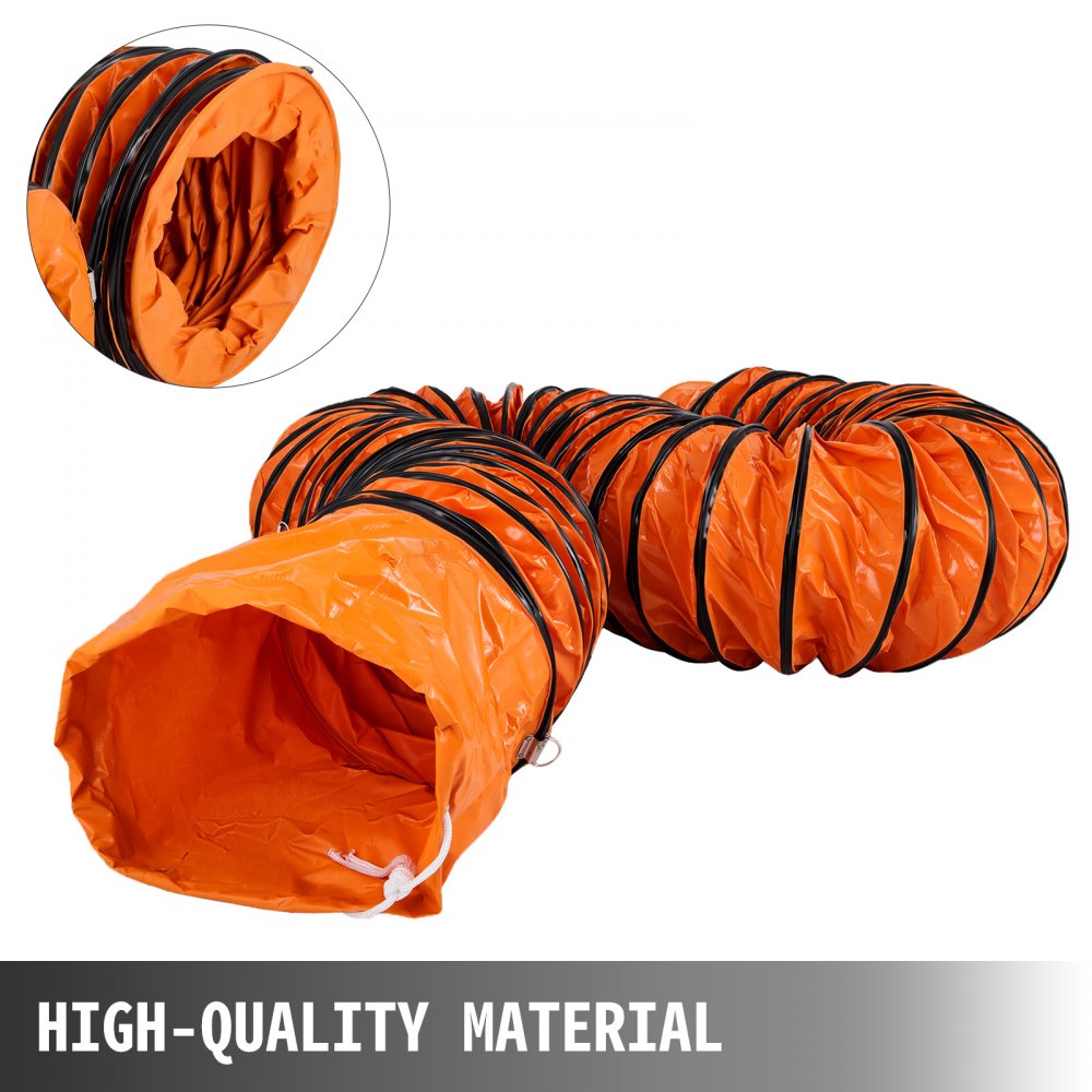 An orange flexible ducting hose with black reinforcement bands is coiled on a white background.