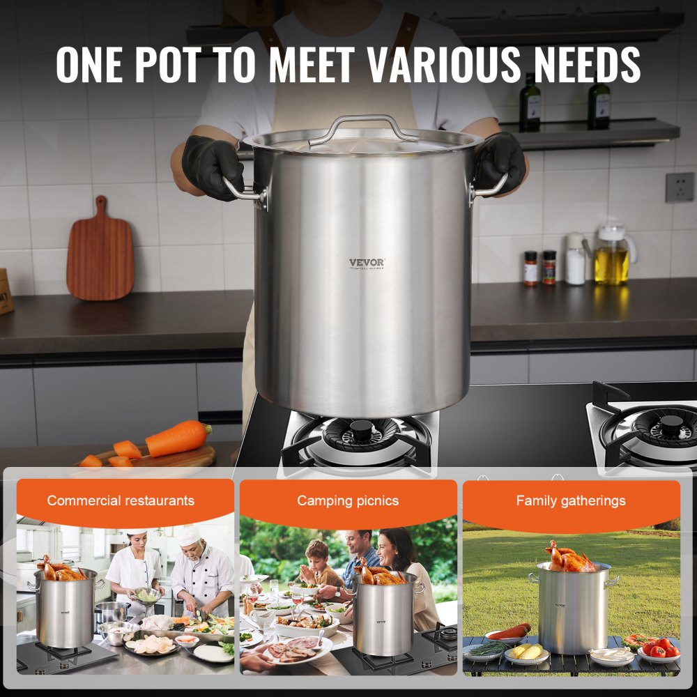 Stainless Steel Stockpot, 42 Quart Large Cooking Pots, Cookware Sauce Pot with Strainer, Lid, and Handle, Heavy Duty Commercial Grade Stock Pot, Sanding Treatment, for Large Groups Events Silver
