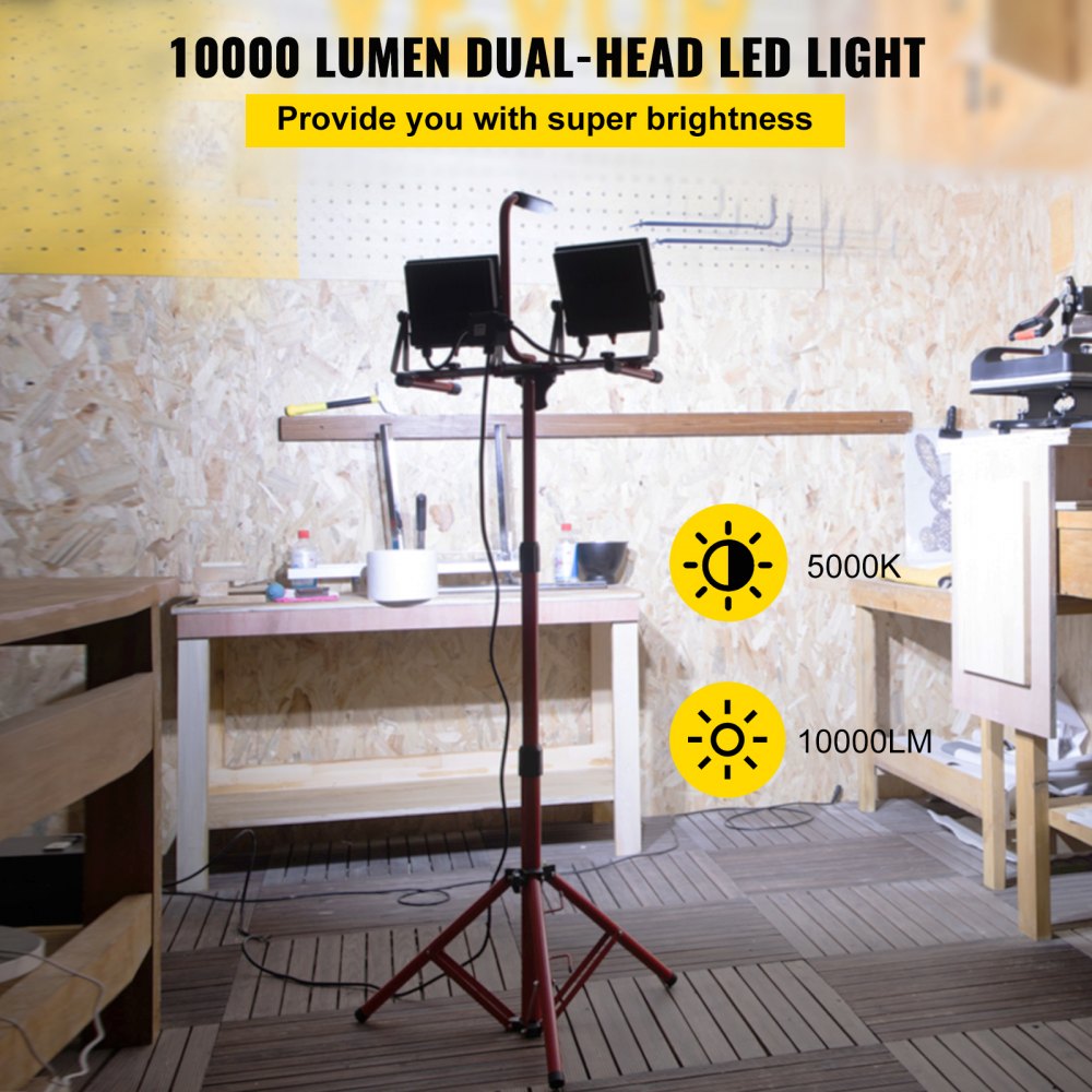 LED Work Light with Stand, 10000 Lumen Dual-head LED Work Light with 27.6"-68.1" Adjustable and Foldable Tripod Stand, IP65 Waterproofed LED Tripod Work Light, with 5000 Kelvin Color Temperature
