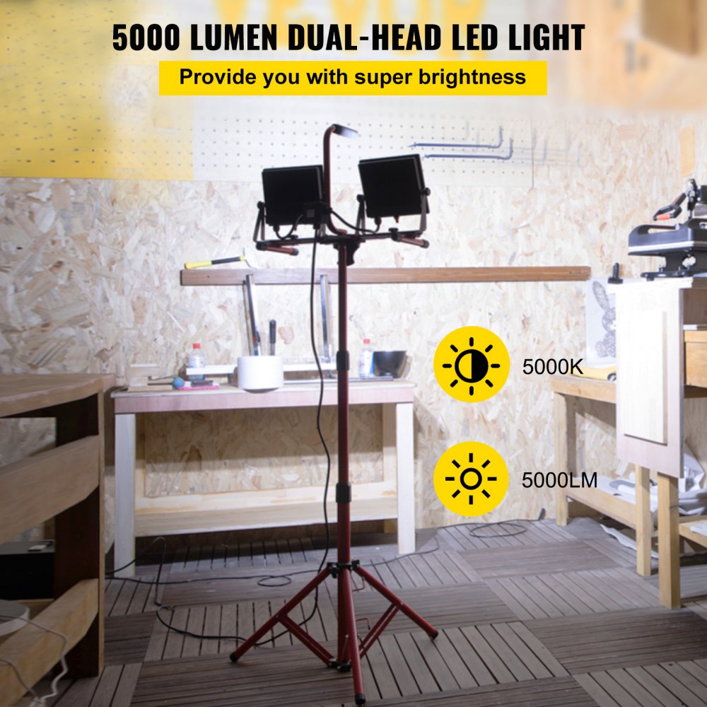 LED Work Light with Stand, 5000 Lumen Dual-head LED Work Light with 27.6"-68.1" Adjustable and Foldable Tripod Stand, IP65 Waterproofed LED Tripod Work Light, with 5000 Kelvin Color Temperature