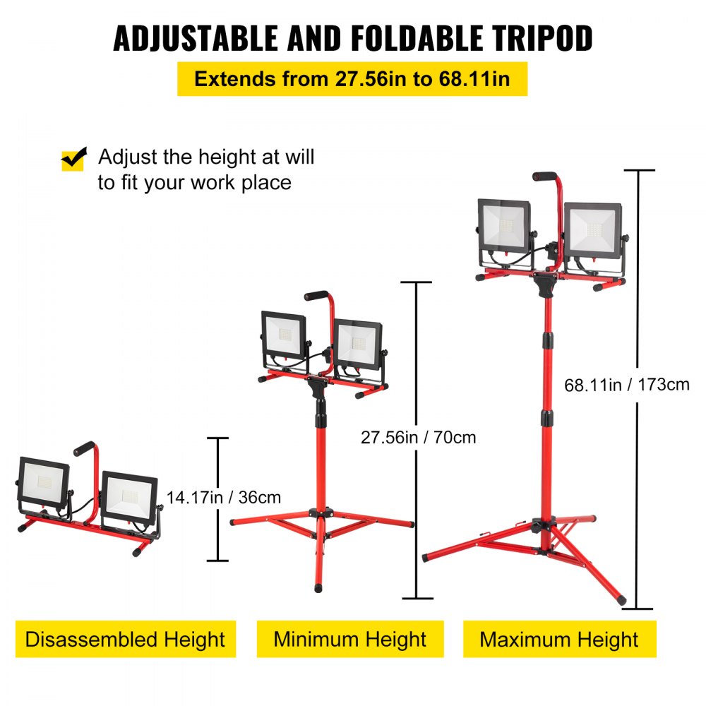 LED Work Light with Stand, 5000 Lumen Dual-head LED Work Light with 27.6"-68.1" Adjustable and Foldable Tripod Stand, IP65 Waterproofed LED Tripod Work Light, with 5000 Kelvin Color Temperature