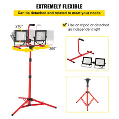 LED Work Light with Stand, 5000 Lumen Dual-head LED Work Light with 27.6"-68.1" Adjustable and Foldable Tripod Stand, IP65 Waterproofed LED Tripod Work Light, with 5000 Kelvin Color Temperature