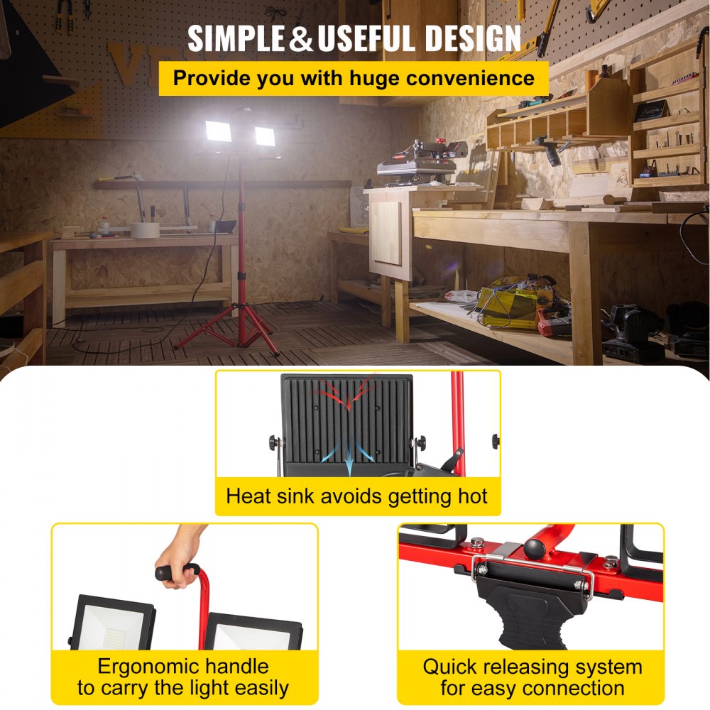 LED Work Light with Stand, 5000 Lumen Dual-head LED Work Light with 27.6"-68.1" Adjustable and Foldable Tripod Stand, IP65 Waterproofed LED Tripod Work Light, with 5000 Kelvin Color Temperature