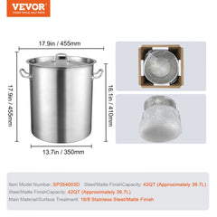 Stainless Steel Stockpot, 42 Quart Large Cooking Pots, Multipurpose Cookware Sauce Pot with Lid & Handle, Heavy Duty Commercial Grade Stock Pot, Sanding Treatment, for Large Groups Events Silver