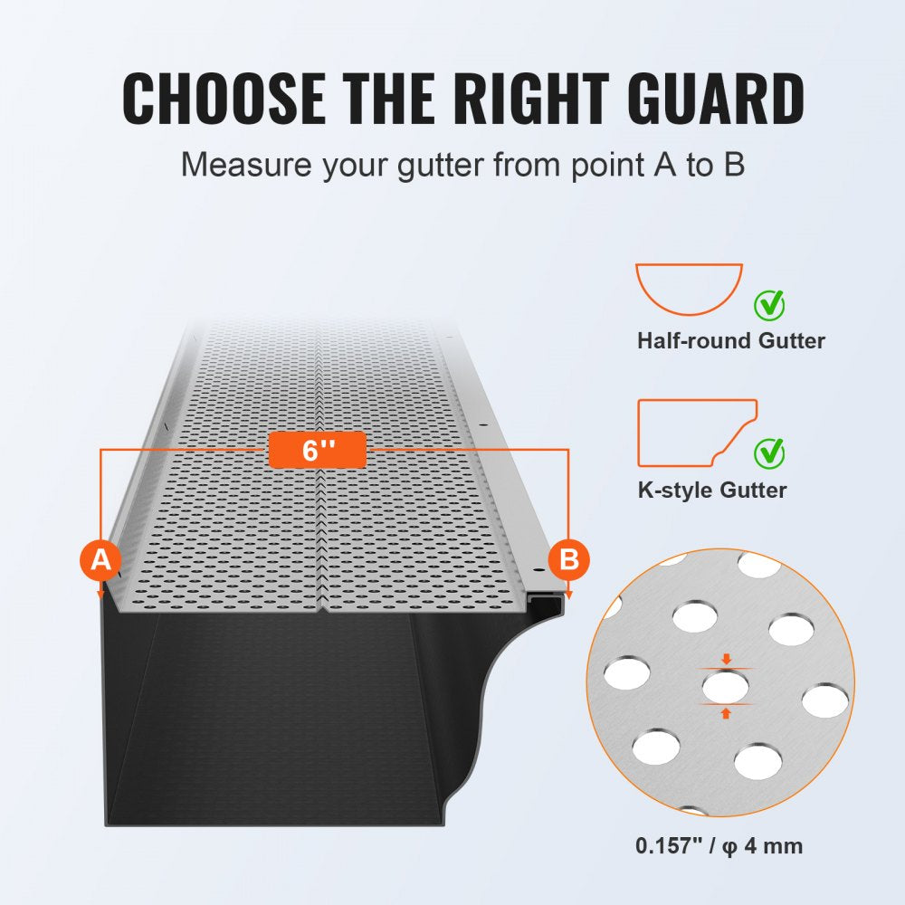 Bostome 6-inch aluminum gutter guard with 104ft leaf filter cover and precision mesh holes.