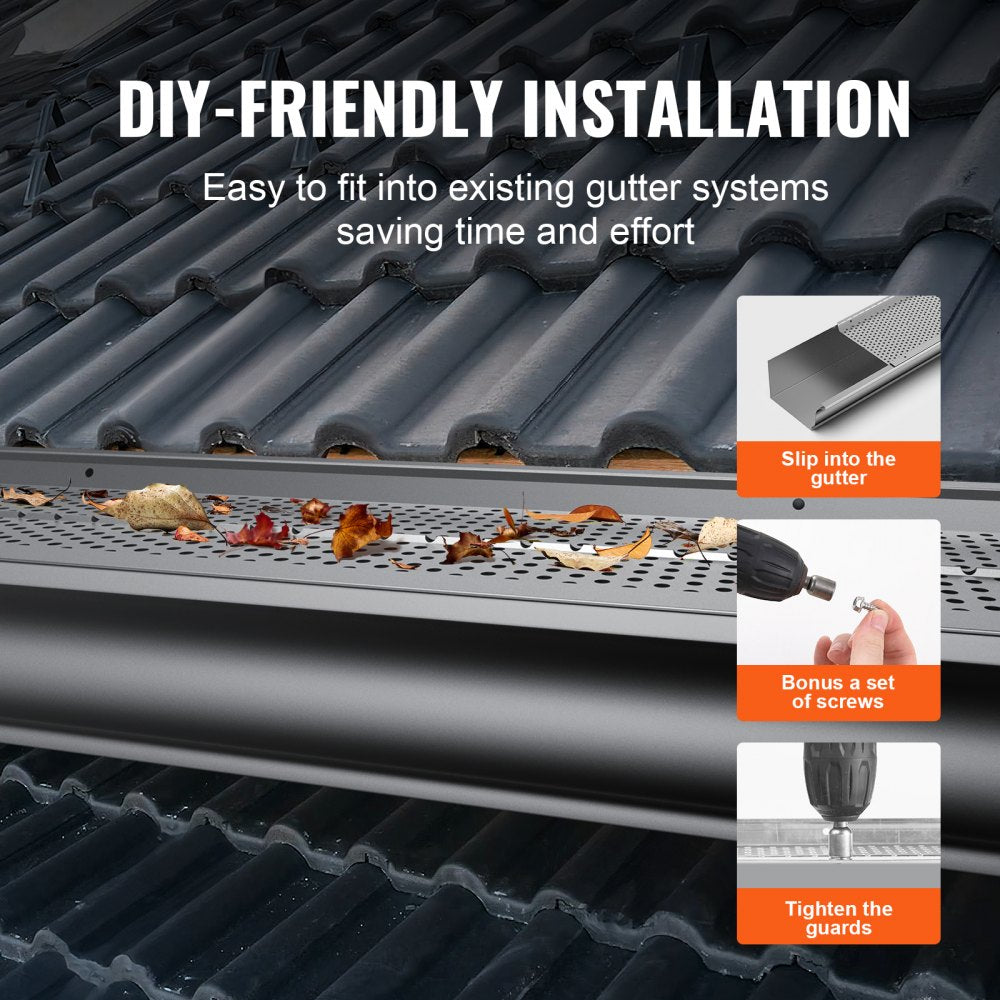 Bostome 6-inch aluminum gutter guard with 104ft leaf filter cover and precision mesh holes.