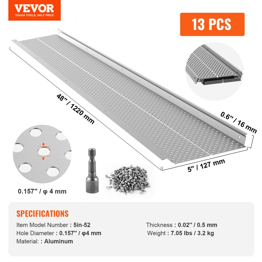 13-piece aluminum gutter guard set for 5-inch gutters, totaling 52 feet, with mesh and screws.