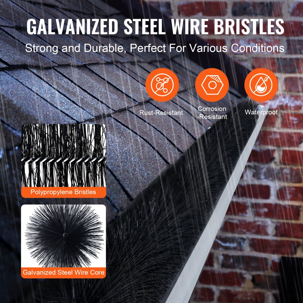 Bostome Gutter Brush with medium-density bristles, 80ft length for 5-inch gutters.