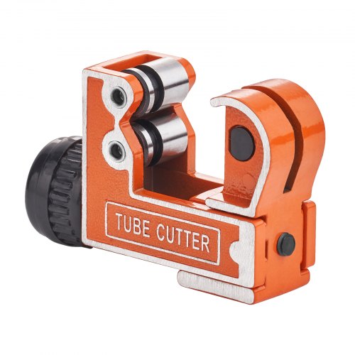 Compact orange and silver mini tubing cutter with black adjustment knob and steel blade.