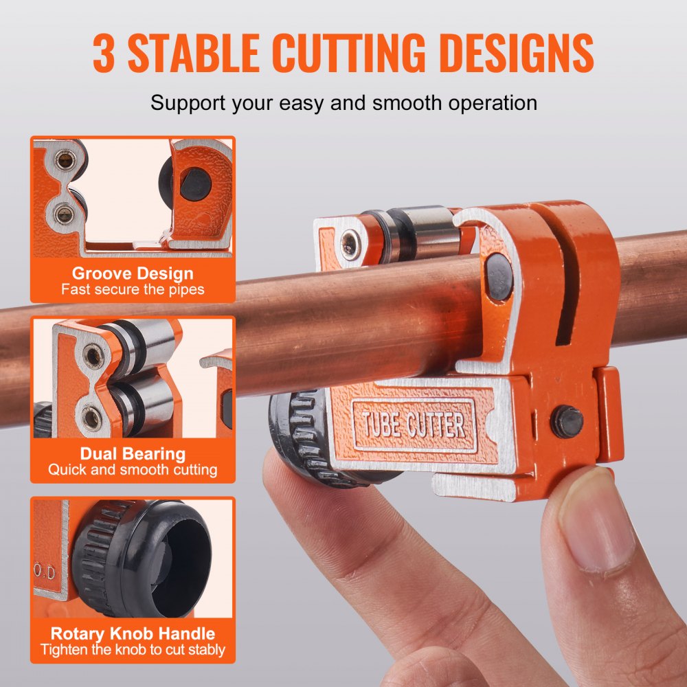 Compact orange mini tubing cutter with SKD steel blade for 1/8"-1-1/8" pipes, featuring dual bearings and rotary knob.
