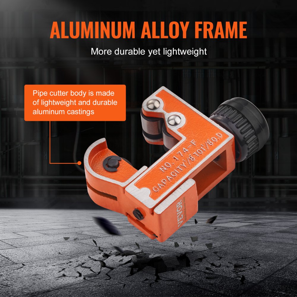 Orange Bostome mini tubing cutter with aluminum alloy frame and SKD steel blade for 1/8"-1-1/8" pipes.