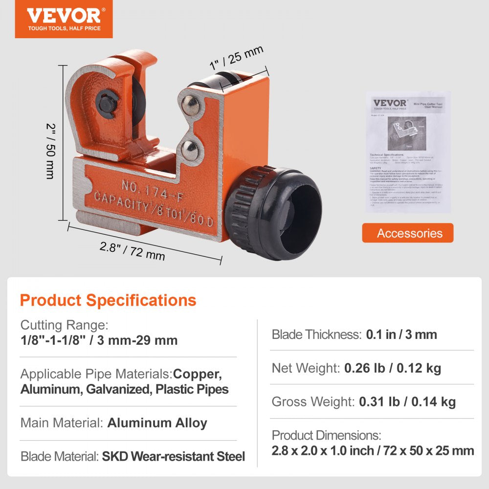Compact Bostome mini tubing cutter with SKD steel blade for pipes 1/8 to 1-1/8 inch diameter.