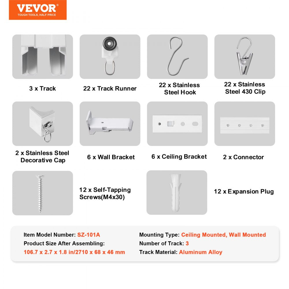 Ceiling Curtain Track Set 8.9 FT/2.7 Meter Room Divider with Hooks White