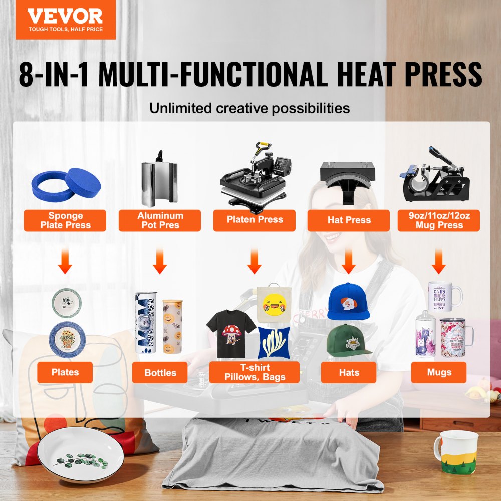 8-in-1 heat press machine with 12x15 inch platen for T-shirts and mugs, featuring dual-tube heating.