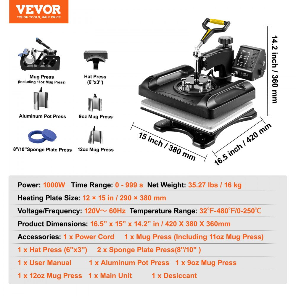 8-in-1 heat press machine with 12x15 inch platen for T-shirts, mugs, and more.