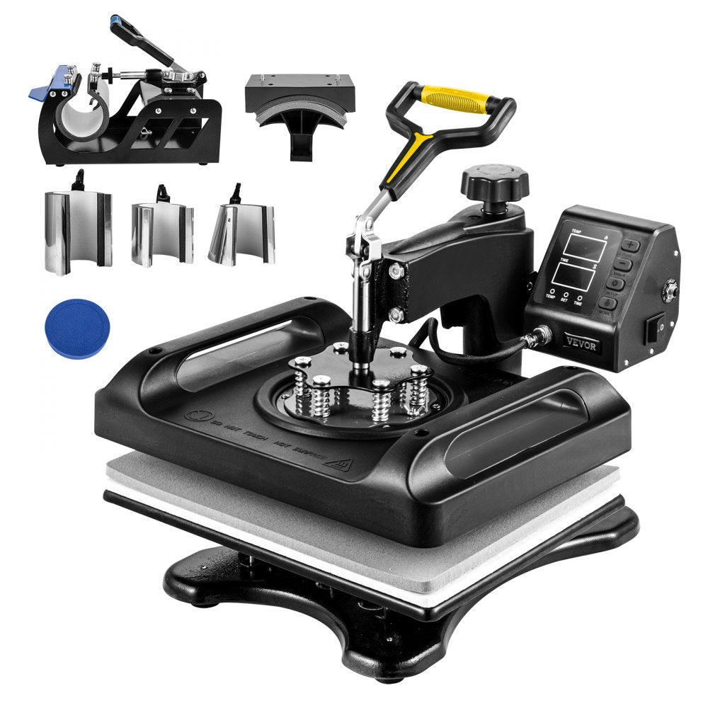 8-in-1 heat press machine with a 12x15 inch platen for T-shirts and mugs.