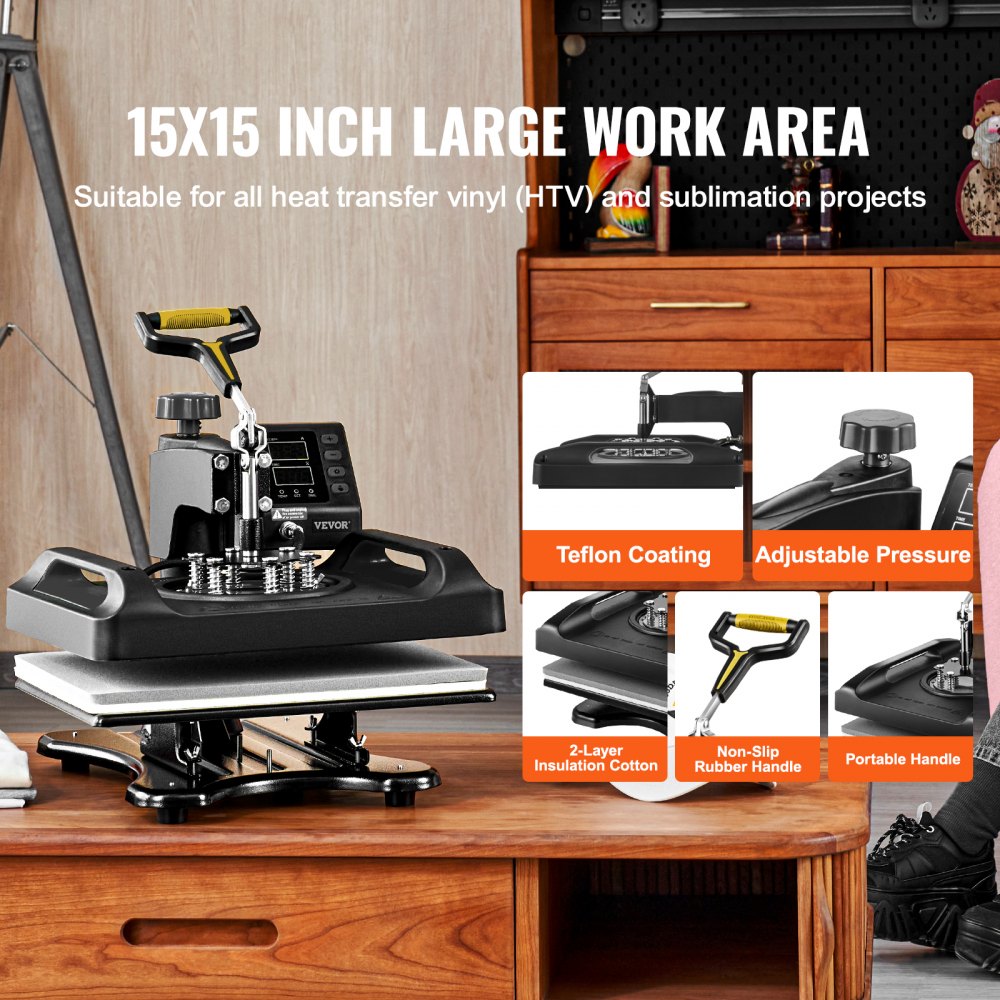 Bostome 8-in-1 heat press machine with a 15x15 inch platen for T-shirts and mugs.