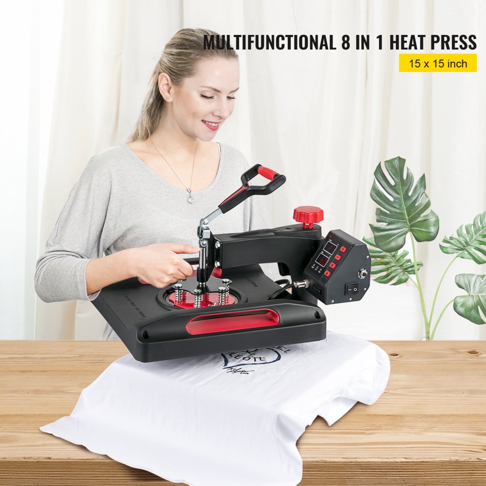 Woman using red Bostome 8-in-1 15x15 heat press machine on white t-shirt.