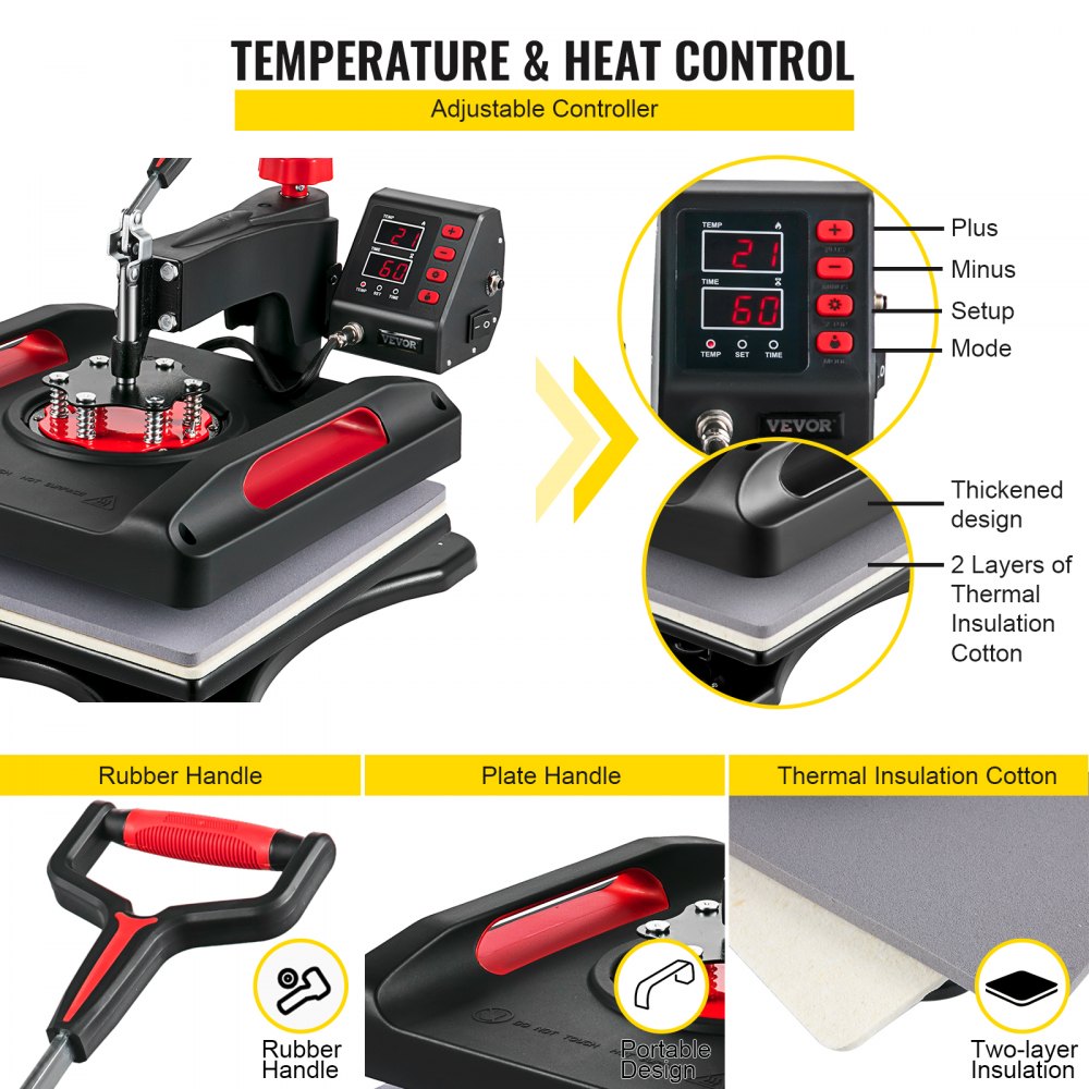 Red Bostome 8-in-1 heat press with digital controller, rubber handle, and thermal insulation layers.