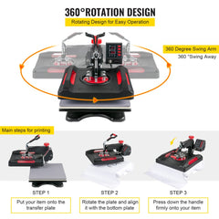 Red 8-in-1 15x15 heat press machine with 360-degree swing arm and printing steps.