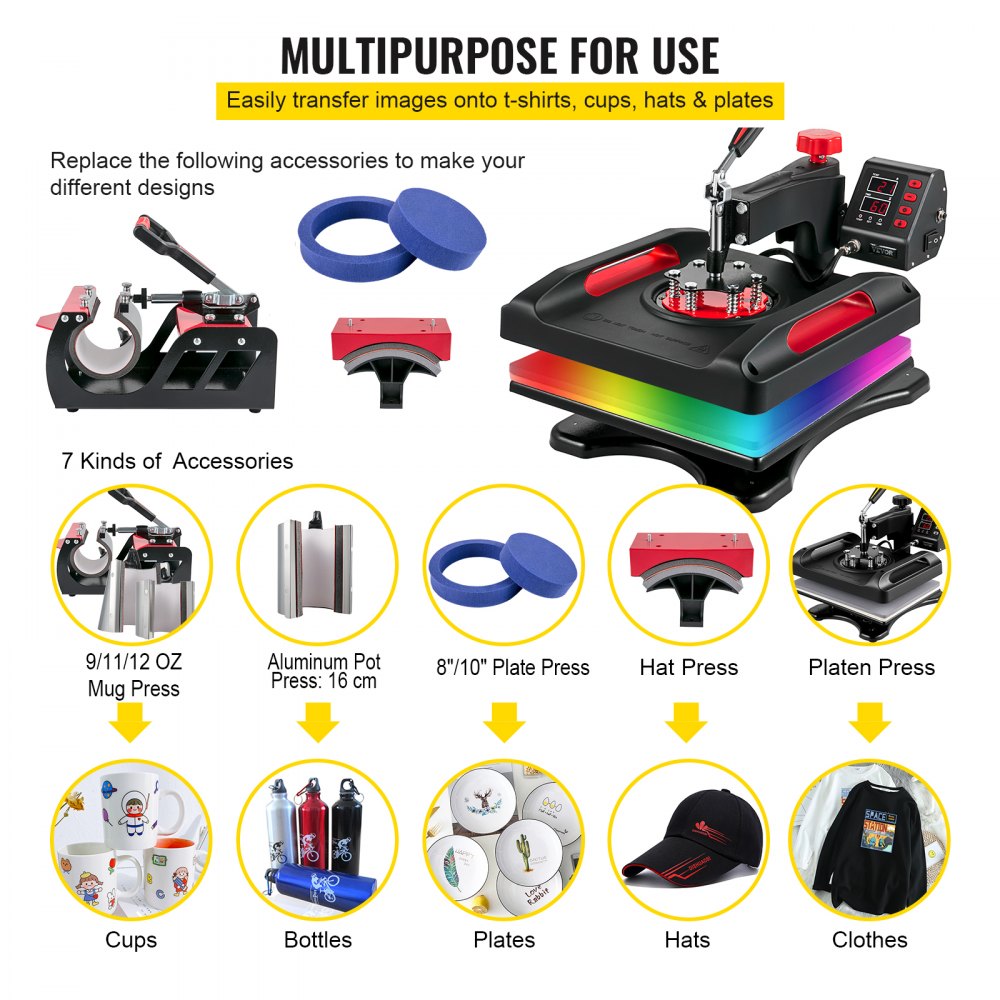 Red 8-in-1 15x15 heat press machine with accessories for t-shirts, mugs, hats, and plates.