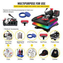 Red 8-in-1 15x15 heat press machine with accessories for t-shirts, mugs, hats, and plates.