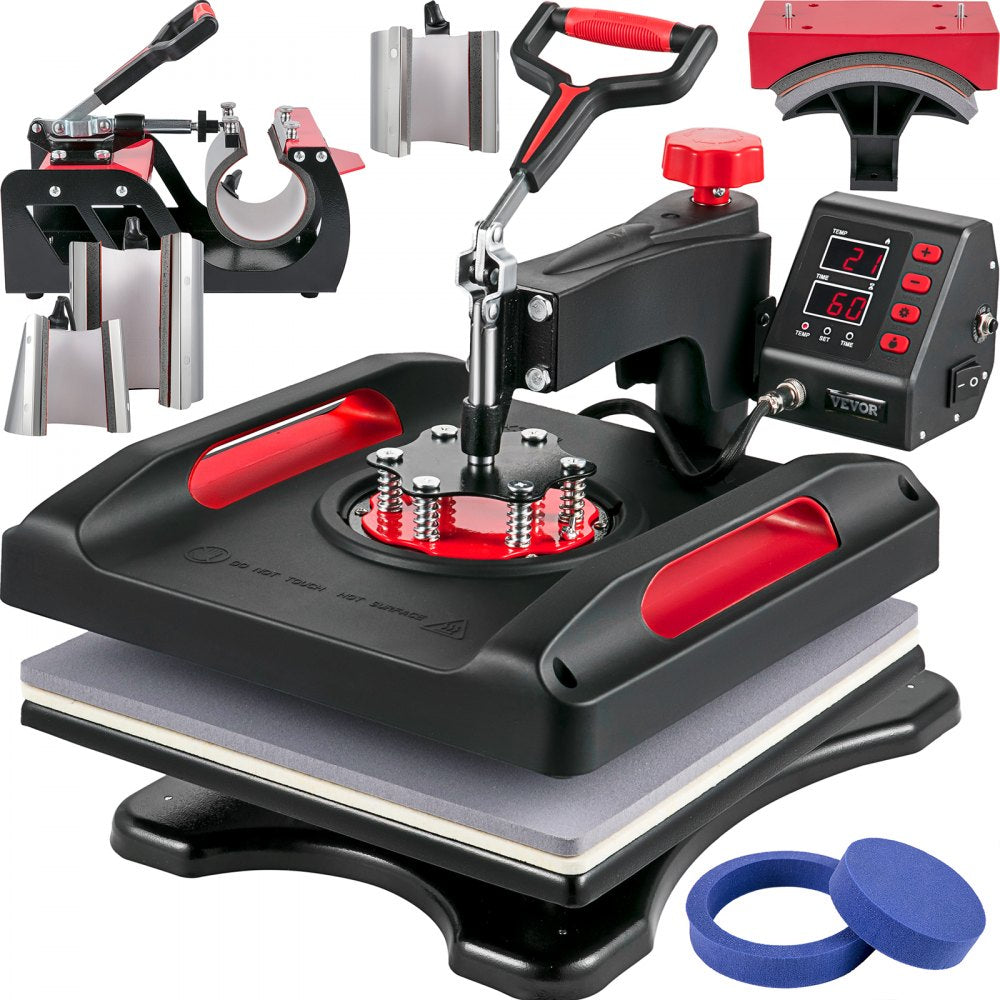 Bostome 8-in-1 heat press machine in red with digital control and multiple attachments for crafts.