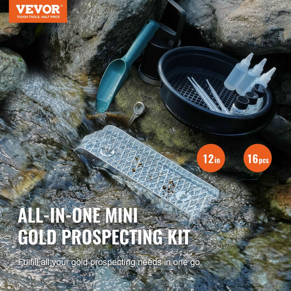 A 16-piece aluminum alloy gold panning kit with a 12-inch mini sluice box, scoop, classifier, and accessories on rocks.