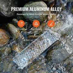 A 12-inch aluminum alloy mini sluice box for gold panning, shown in a stream with rust-resistant features.