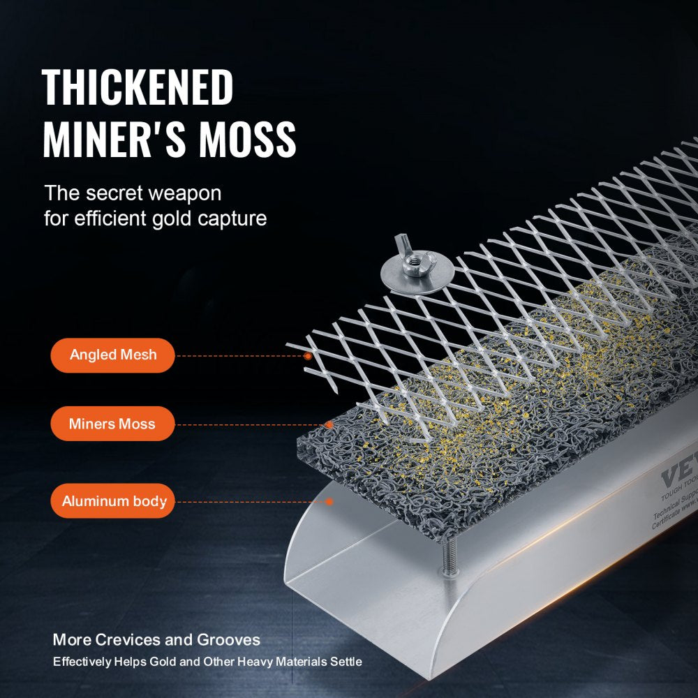 A 12-inch mini sluice box made of aluminum alloy with angled mesh, miner's moss, and grooves for gold panning.