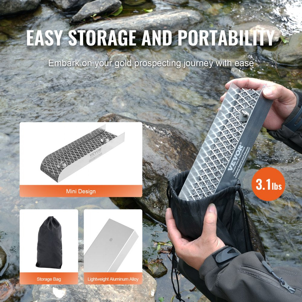 Compact 12-inch aluminum sluice box with riffles, folded in a black storage bag, weighing 3.1 lbs.