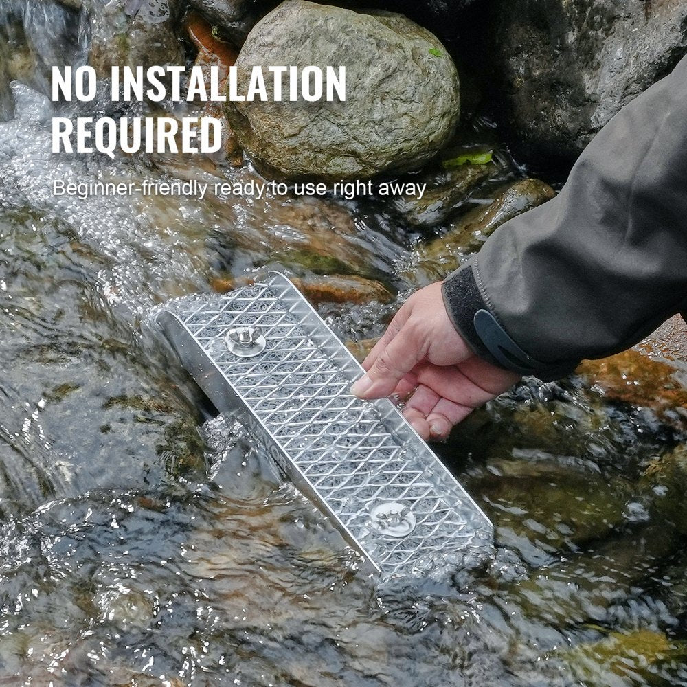 A hand holds a 12-inch aluminum alloy mini sluice box in a stream, ready for no-installation gold panning.