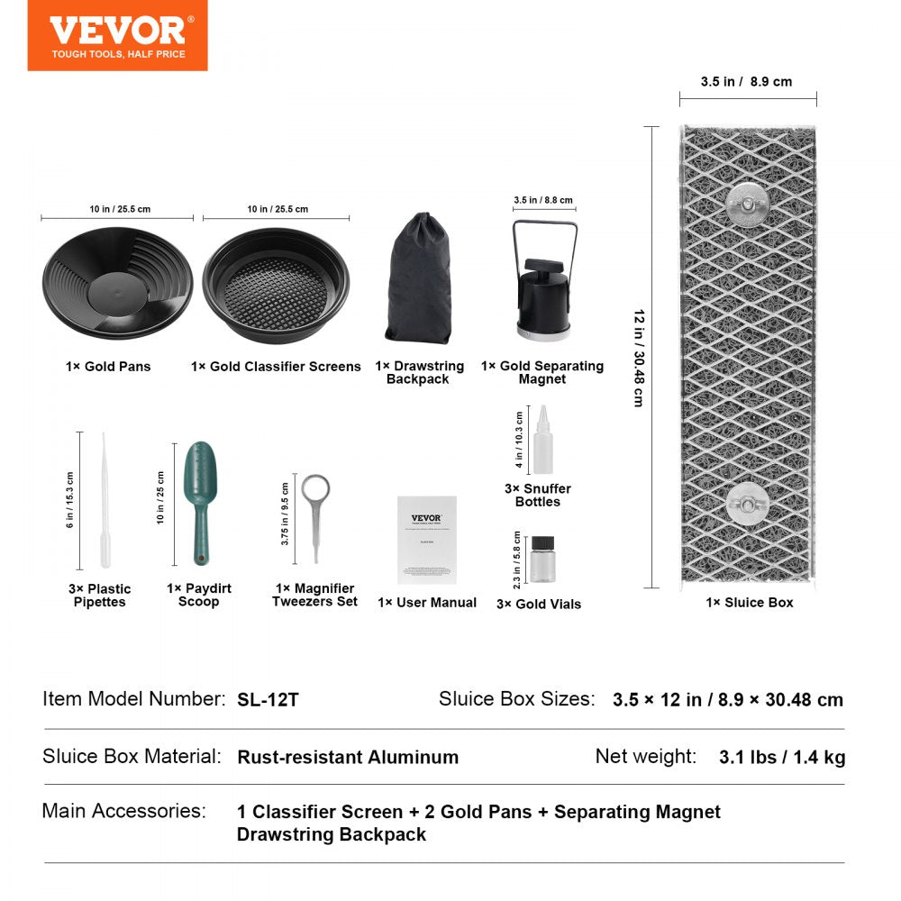 16-piece aluminum alloy gold panning kit with mini sluice box, pans, classifier screen, snuffer bottle, vials, tweezers, and drawstring backpack.