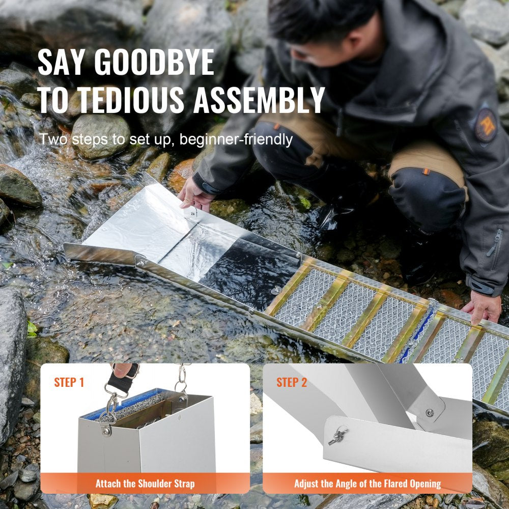 50 Inch Folding Sluice Box Gold Panning Kit, 23pc Gold Prospecting Equipment Kit with Gold Pan, Classifier Screen, Separating Magnet, Backpack and More