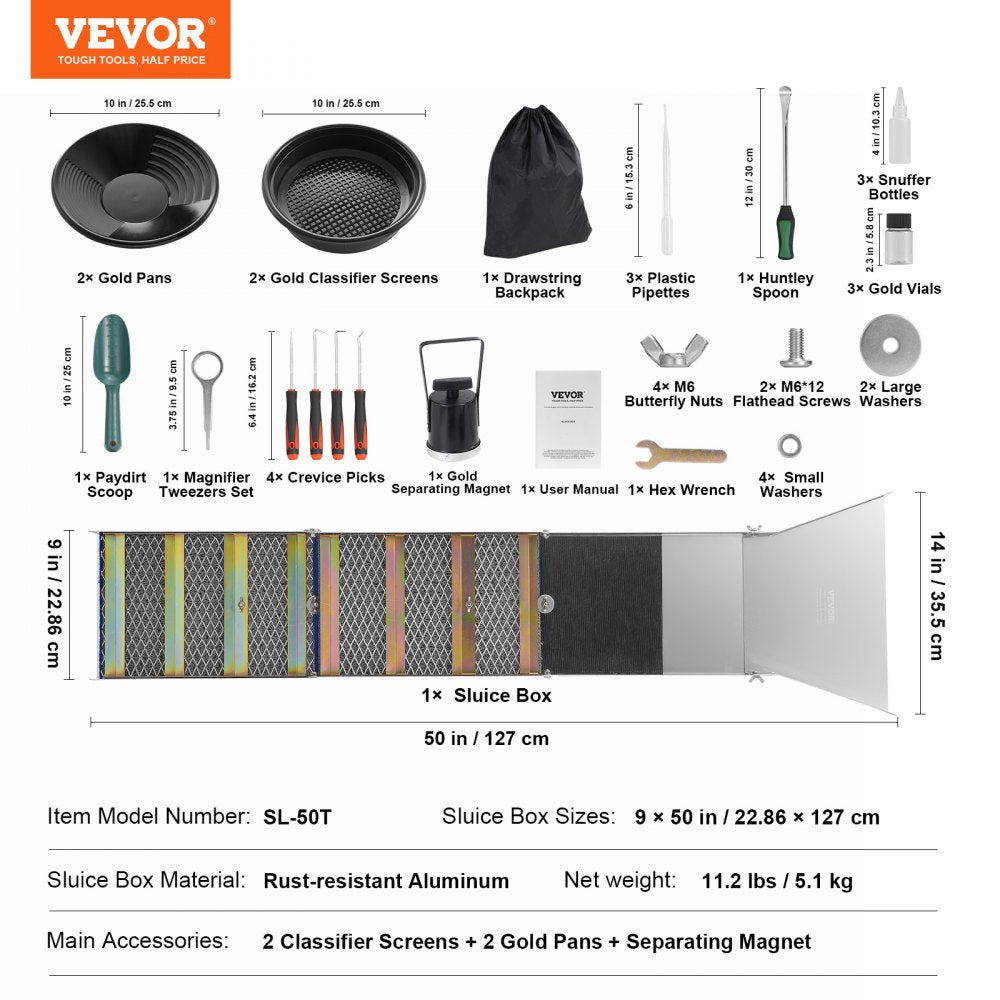 50 Inch Folding Sluice Box Gold Panning Kit, 23pc Gold Prospecting Equipment Kit with Gold Pan, Classifier Screen, Separating Magnet, Backpack and More