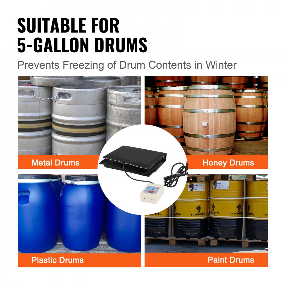 5 Gal Metal Drum Heater 250W 0-145℉ Adjustable w/ Independent Thermostat