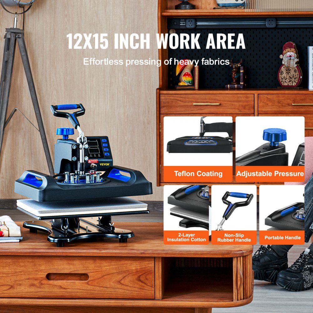 Blue 5-in-1 heat press machine with 12x15 inch work area, digital display, and swing-away design.