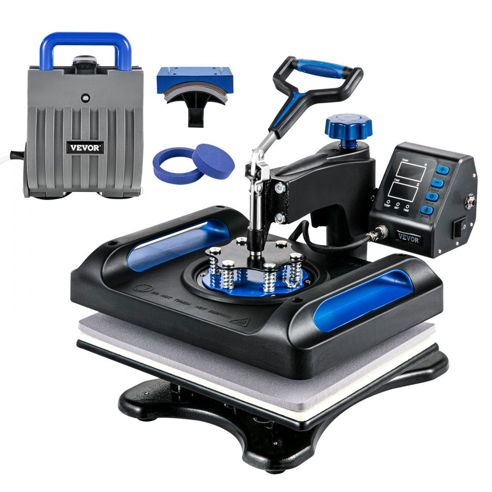 Blue 5-in-1 heat press machine with digital display and multiple attachments for various items