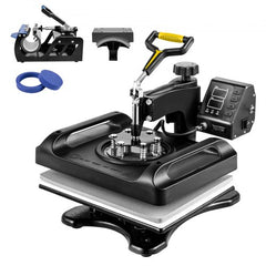 A 5-in-1 heat press machine with a 12"x15" digital display for T-shirts and mugs.