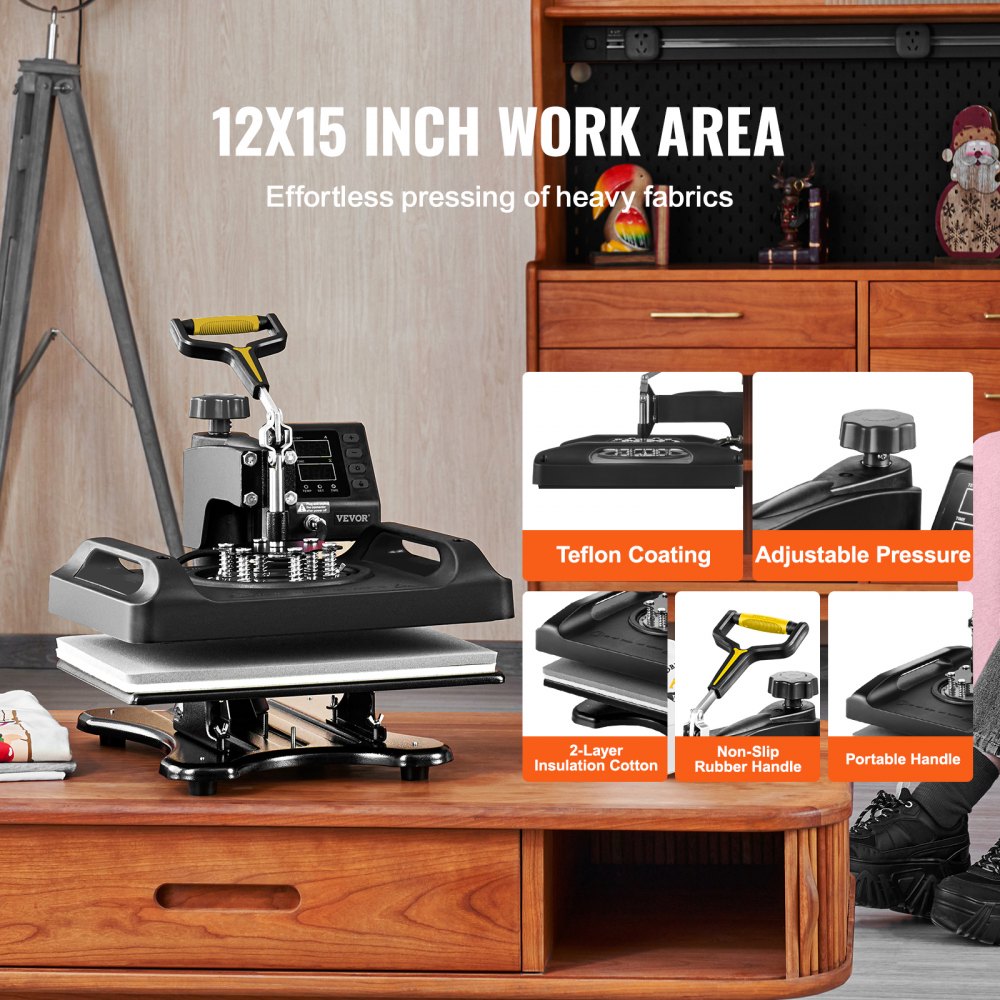 A 5-in-1 heat press machine with a 12"x15" surface for printing on various items.